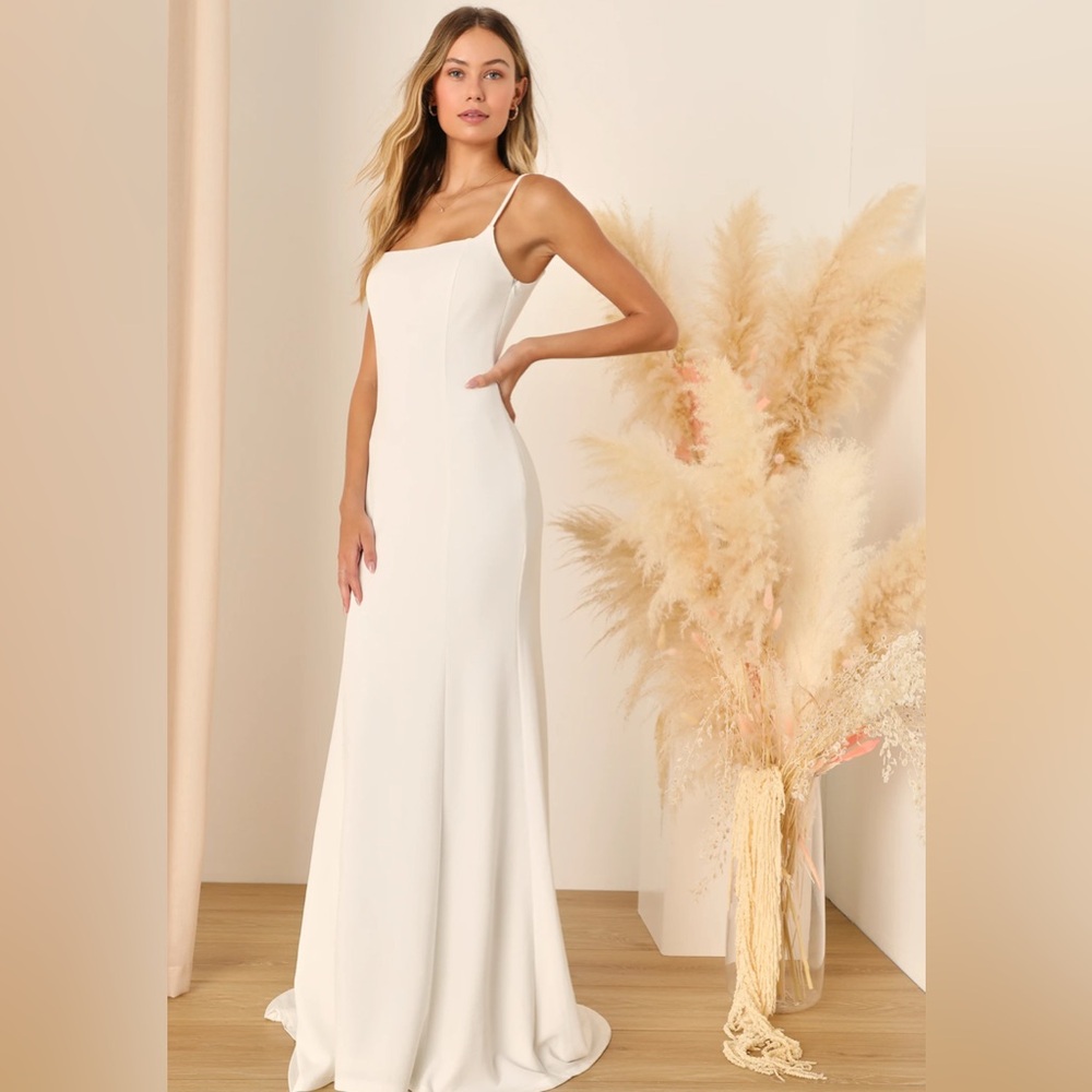 Lulu’s Blessed Romance White Sleeveless Button Back Mermaid Maxi Wedding Dress